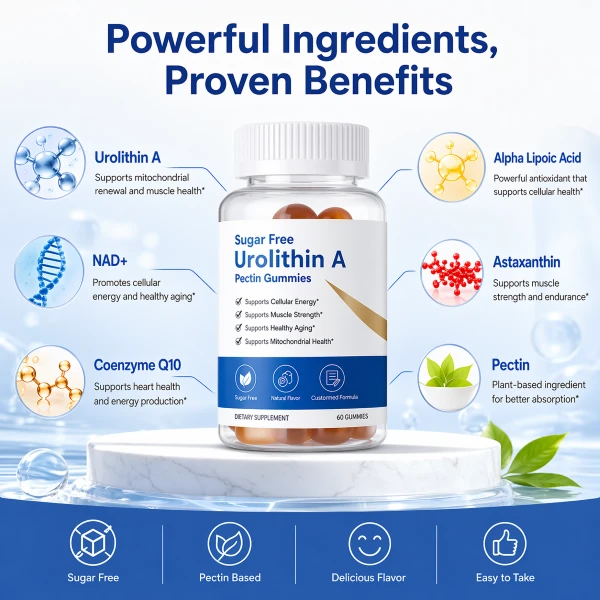 Sugar Free Urolithin A Pectin Gummies – Vegan Cell Energy, Healthy Aging & Muscle Strength Support, CoQ10 NAD+ Astaxanthin Alpha Lipoic Acid Blend, Plant Based Dietary Supplement,